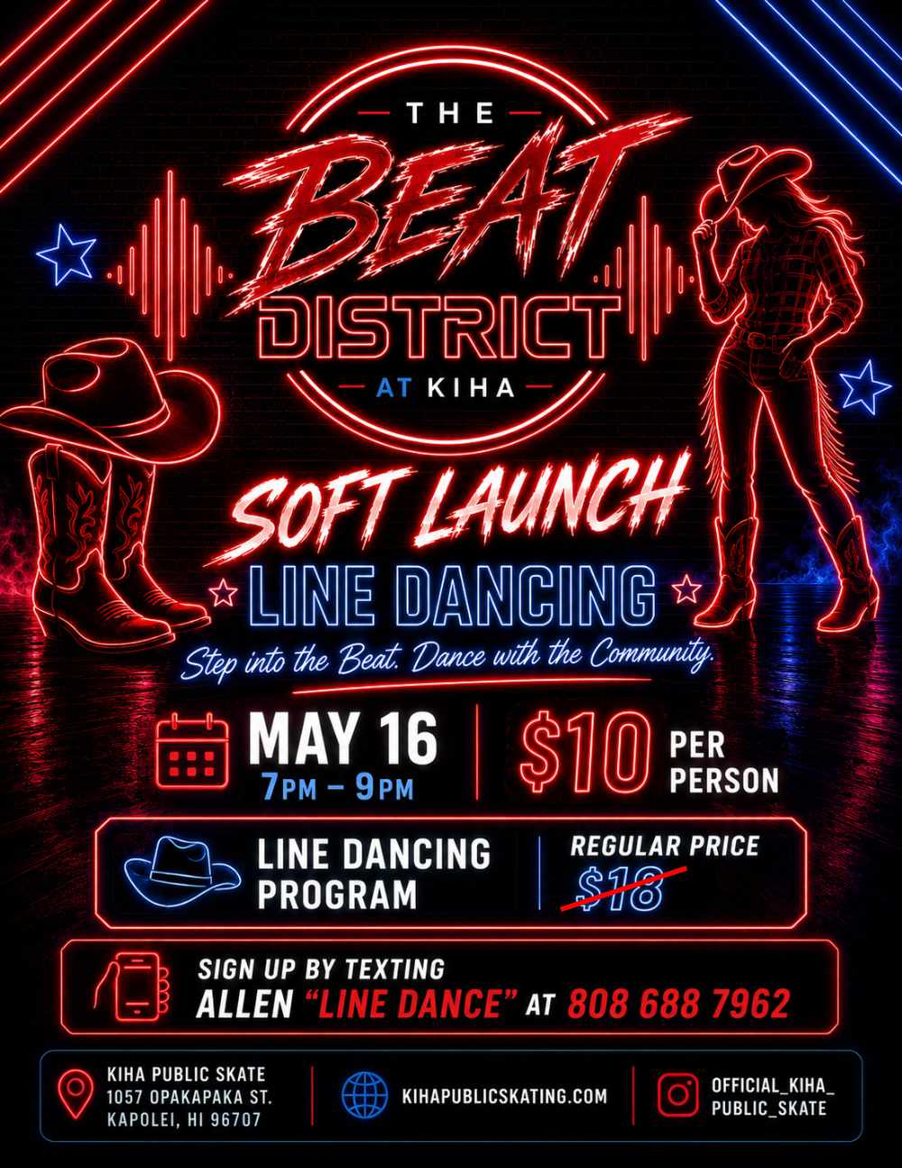 Line Dance Soft Launch flyer — May 16, 7-9 PM, $10 per person at The Beat District at KIHA